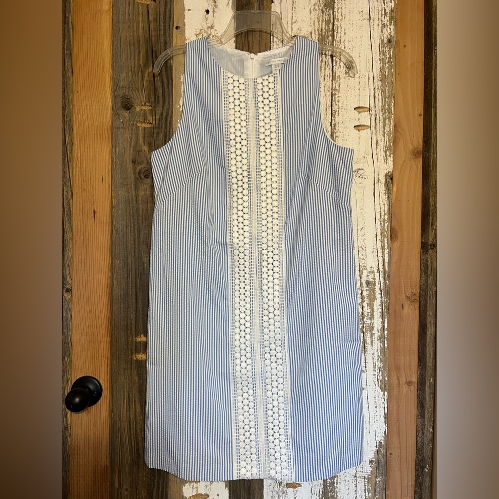 London Times Women Sz 8 Blue Striped White Trim Seer Sucker Shift Dress Classic